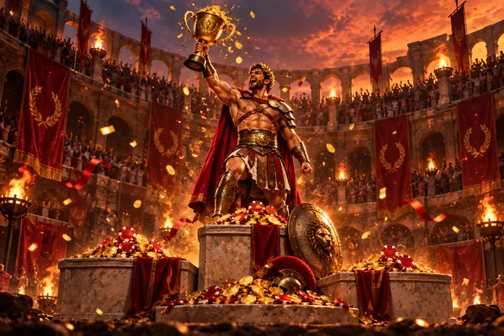 Zwycięski gladiator z laurowym wieńcem na arenie Lanista